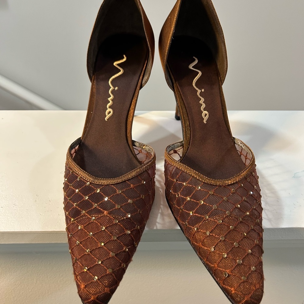 Nina "Saba" Brown Bronze Copper Satin Evening Shoes 3.5"